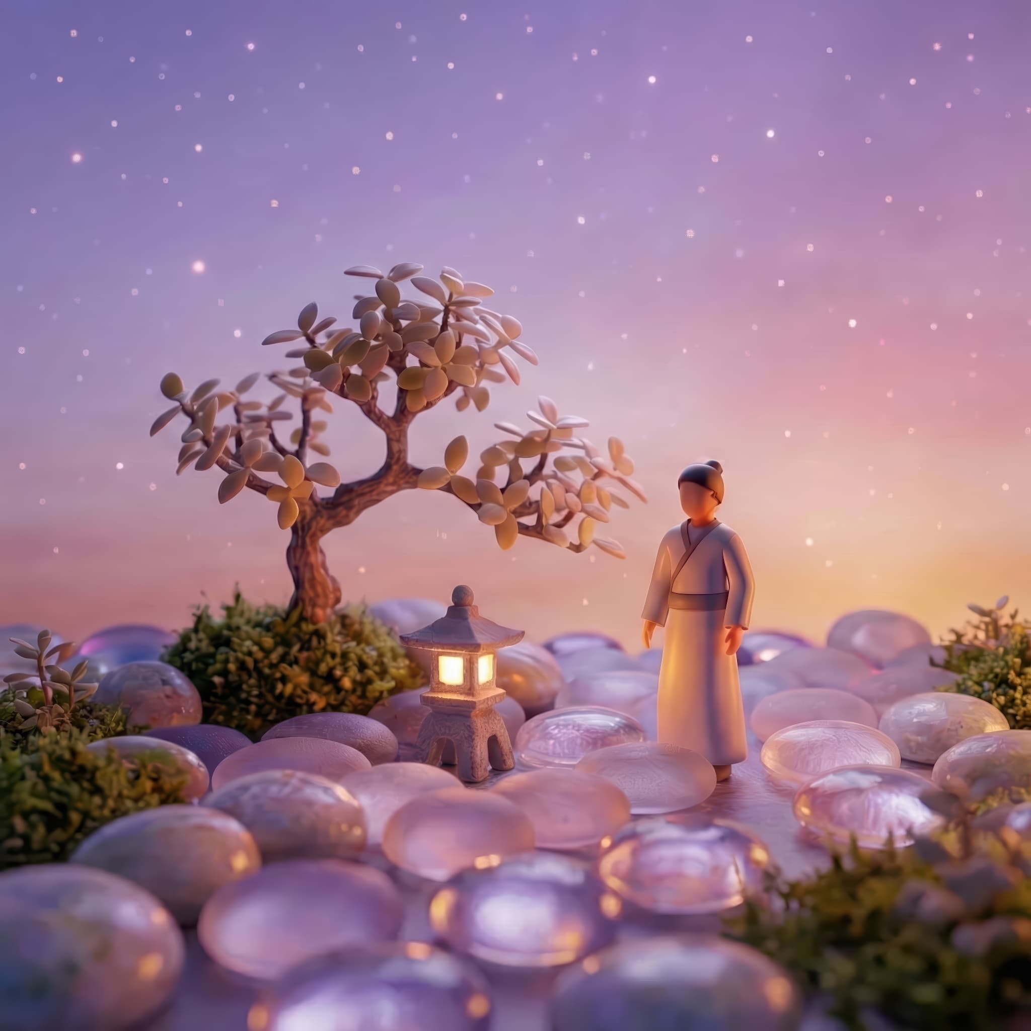 A peaceful figure standing in a zen garden under a starlit sky