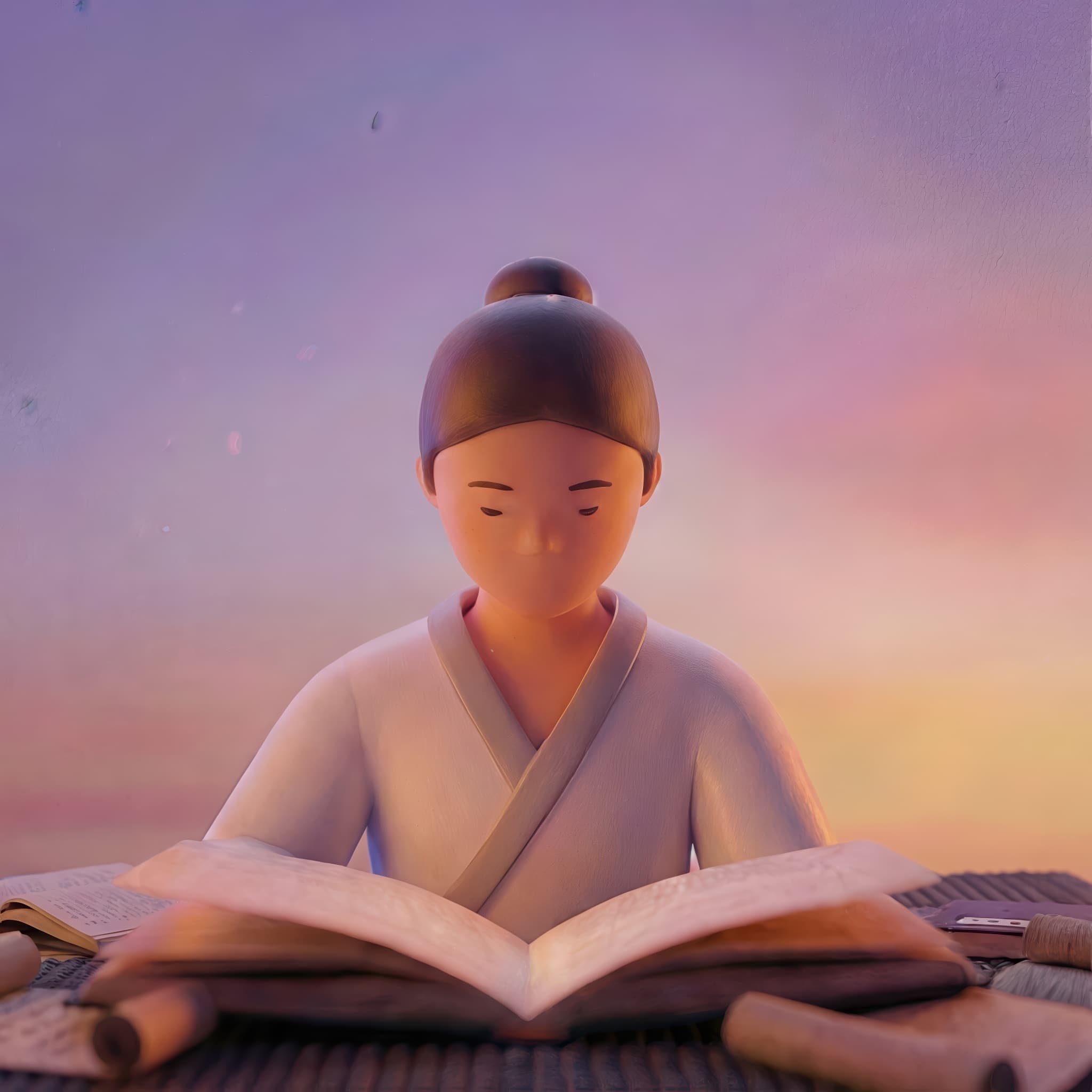 A serene figure reading with focused attention