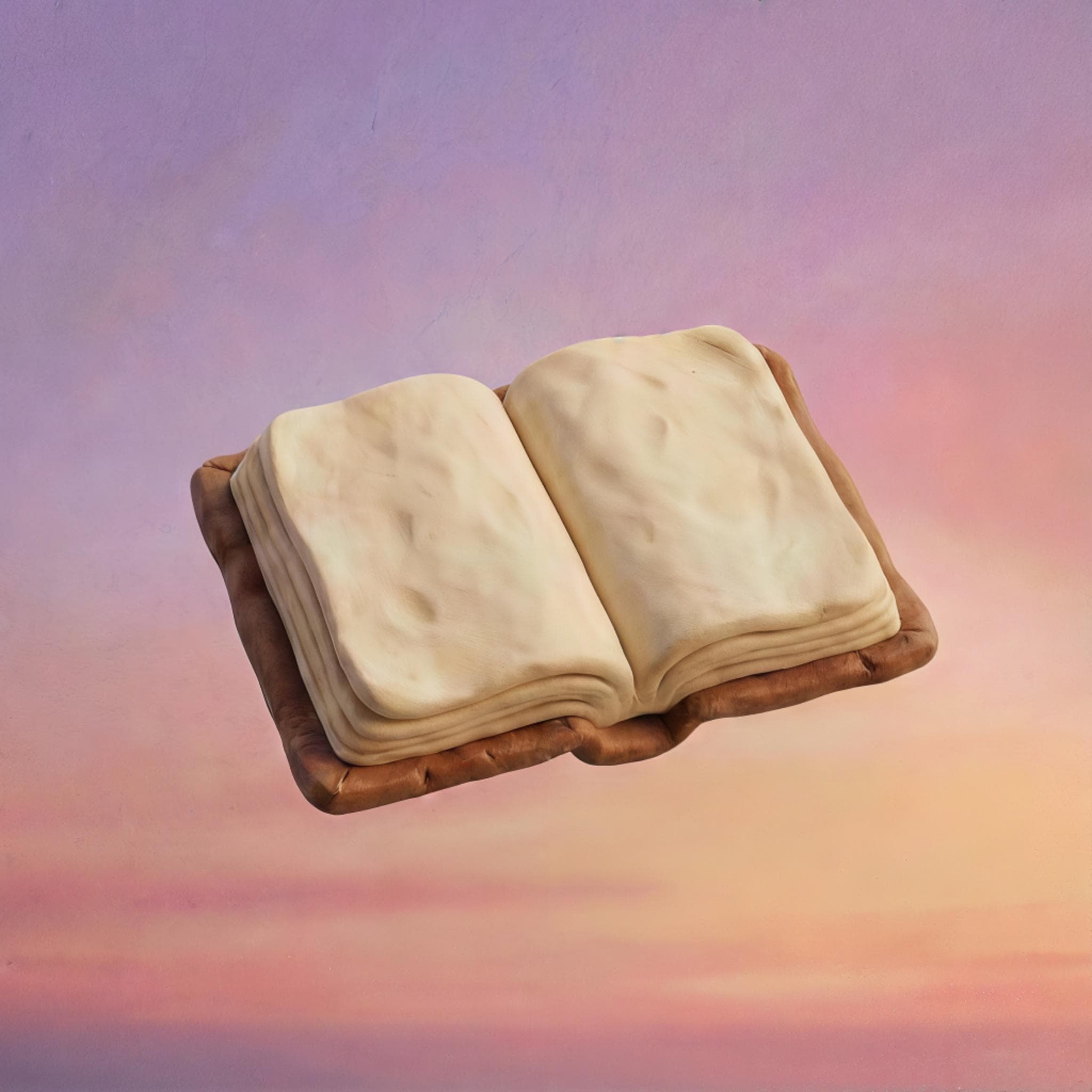 An open journal floating in a soft gradient sky
