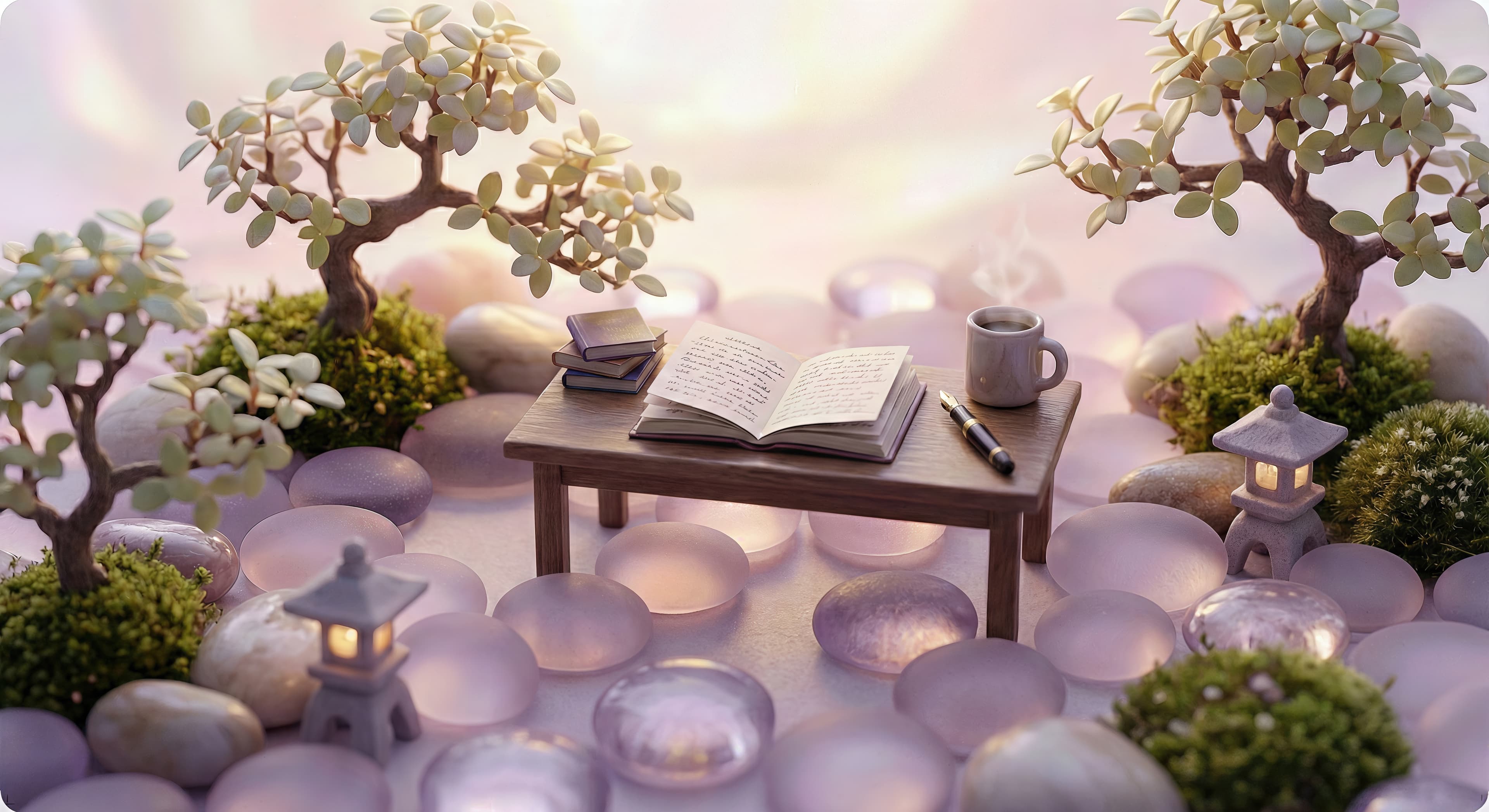 A peaceful zen garden with an open journal, representing mindful reflection